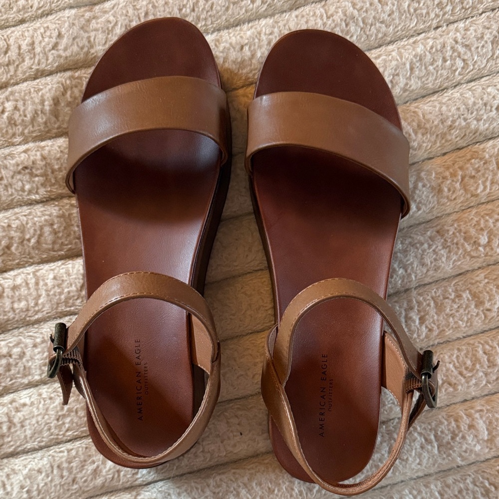 AE Brown Double Strap Platform Wedge Sandals